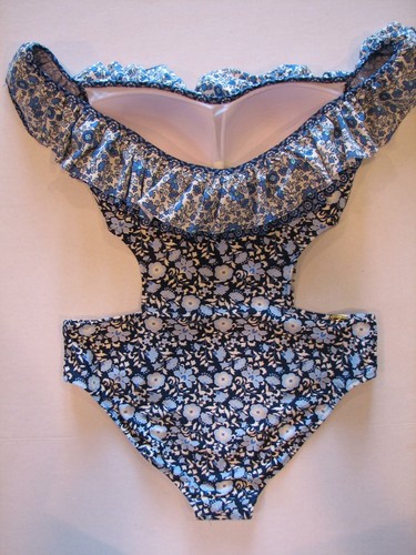 Ruffled Swim Bathing Suit Jessica Simpson Blue Off Shoulder PATCHED UP Cut Out L - Picture 4 of 5