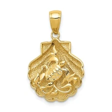 14K Yellow Gold Polished Textured Marine Theme Sea Turtle in a Shell Pendant