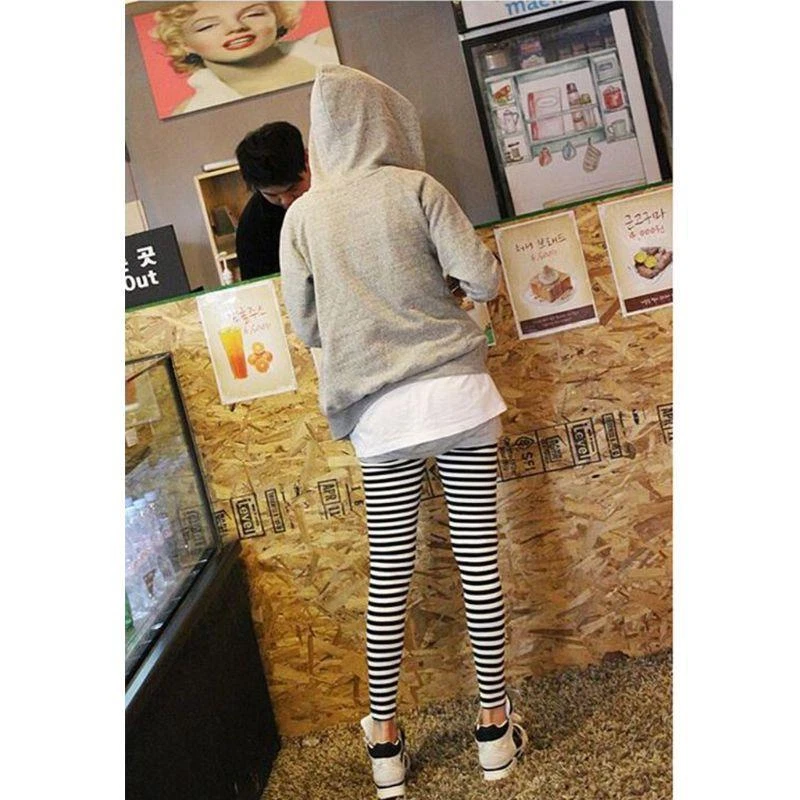Women Ankle Length Skinny Leggings Black White Horizontal Striped Pants Tights - Image 2 of 4