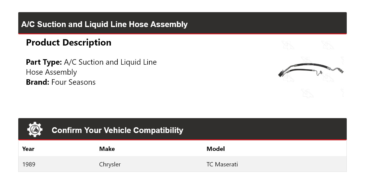 For 1989 Chrysler TC Maserati AC Suction and Liquid Line Hose Assembly 4 Seasons