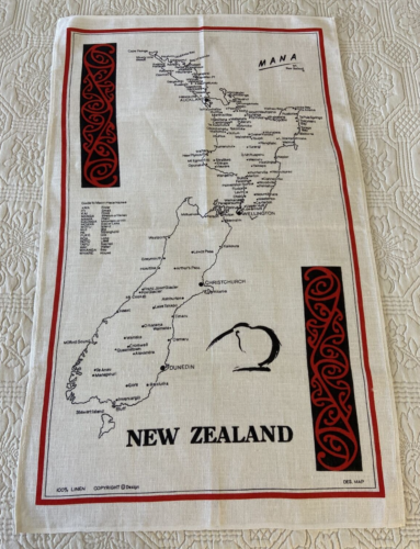 Vintage Pure Linen Tea Towel w New Zealand Mana Maori Pattern Art Kiwi Gift Idea - Afbeelding 1 van 14