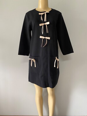 ZARA WOMEN'S BOW TIE FRONT 2 PACH POCKETS BLACK KNIT DRESS SIZE L