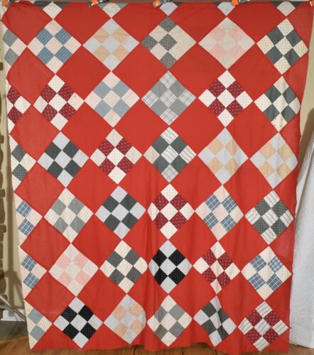 VIBRANT Vintage 1890's Nine Patch Antique Quilt Top ~NICE SOLID RED BACKGROUND! - Picture 1 of 7