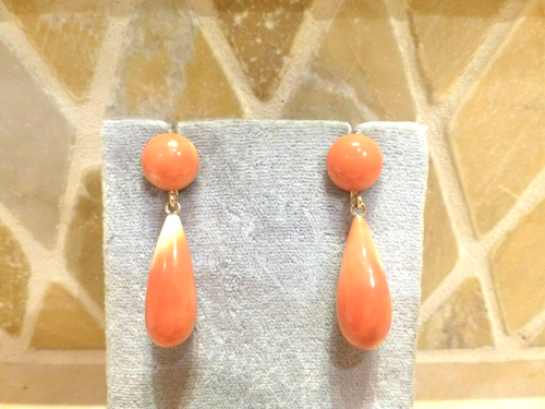 Vintage 14k or Jaune Sculpté Corail Tomate Rouge Orange Goutte Pendantes Boucles - Photo 1 sur 7