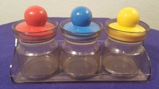 3 Plastic Office Supply Jars w Colorful Lids and Tray Craft Jars Kitchen Jars