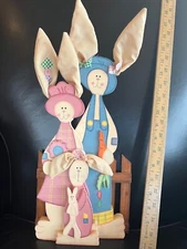 BUNNY FAMILY Easter Wooden Sign Wired Fabric Adjustable Ears NEW  5 Wood Layers