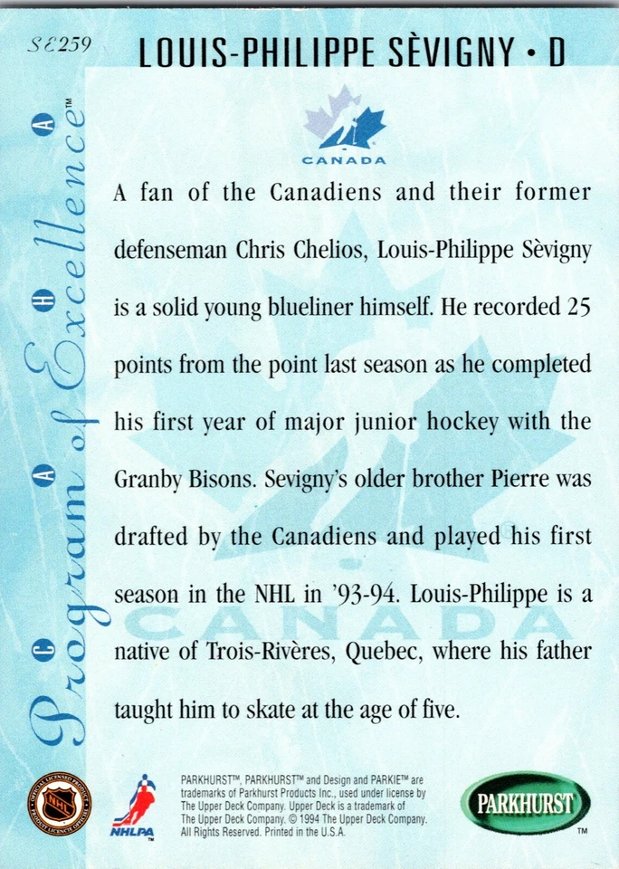 1994 Parkhurst Hockey "Program Of Excellence" Louis-Philippe Sevigny Canada - Image 2 of 2