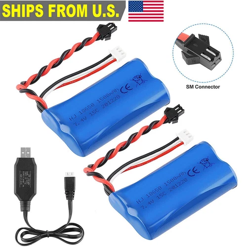 2x 7.4V 1500mAh Li-ion Battery 15C SM Plug Rechargeable with USB Charger for RC