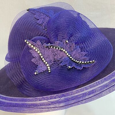Bellini Womens Hat Purple 100% Wool Wide Brim Ribon Lace  display picture 3