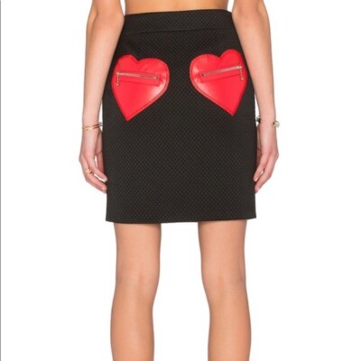 MOSCHINO BLACK SILVER ZIPPER RED HEART POCKET PENCIL SKIRT US 8 IT44 NWT
