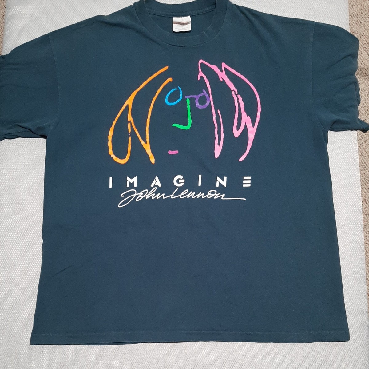 VTG 1990s XL T-SHIRT Blue / Rainbow IMAGINE JOHN LENNON PORTRAIT