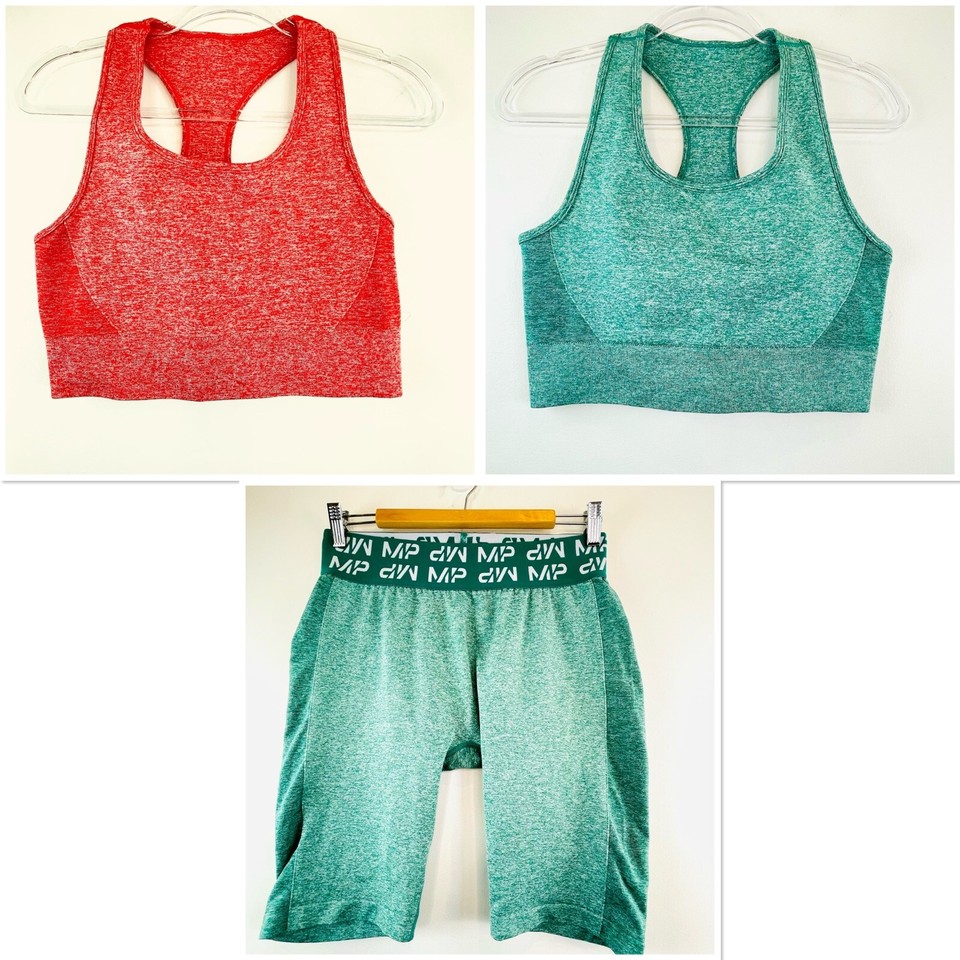 MP Size XL Women's Curve seamless Green Cycling Shorts & 2 Sport Bras Gym Set
