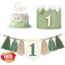 1st Birthday High Chair Banner - Boy Girl Green Tassel Garland Crown Hat