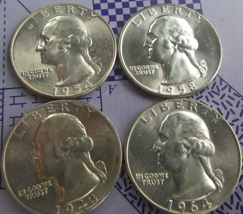 4 Silver BU Washington Quarters 1942, 1954, 1958, 1964-D