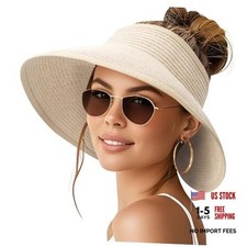 NPQQUAN Sun Visor Hats for Women Wide Brim Ponytail Straw Beige Classic