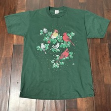 Vintage Cotton Grove Winter Holly Birds Green Shirt Size Large 1994