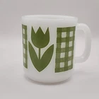 Vintage Glasbake Green Tulip And Gingham Design Milk Glass Mug Cup