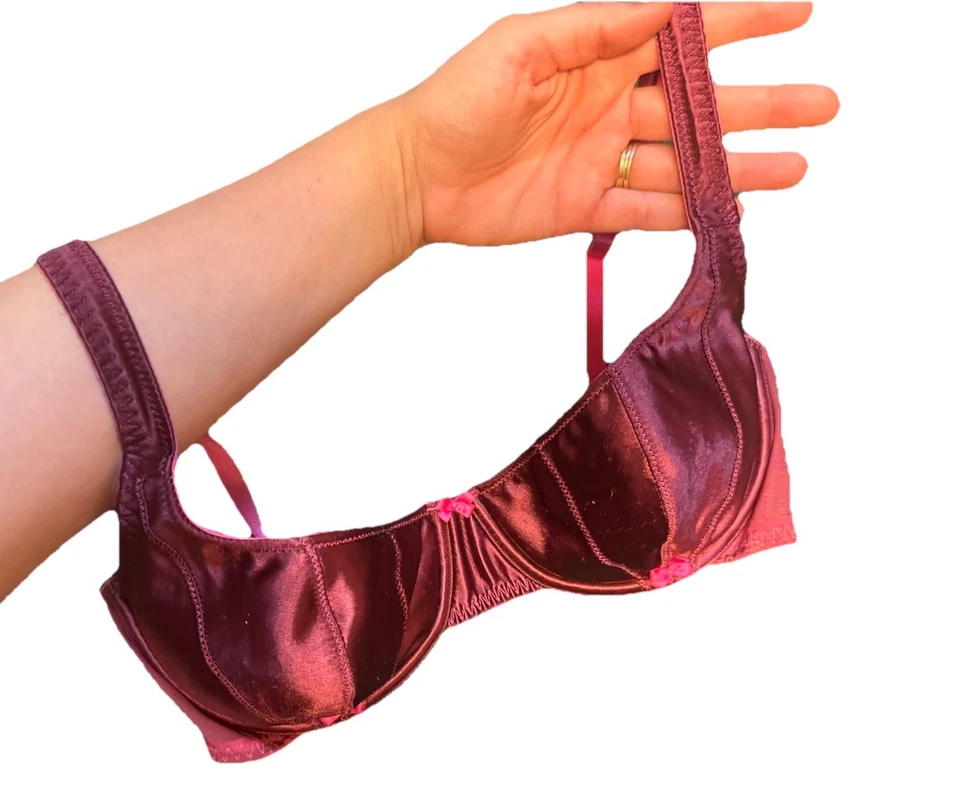 Sujetador de satén vintage Victoria’s Secret 36C rosa borgoña Dupont coqueta lazos Foto 2 de 4