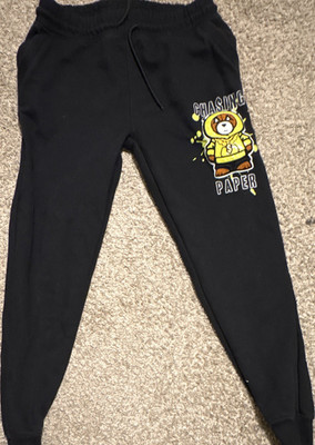 Black Men's Jogger Pants Polyester Bear Graphic Print Drawstring Pockets M