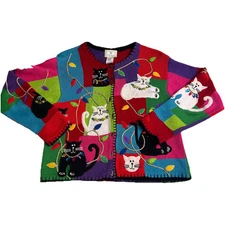 Susan Bristol Vintage Christmas Cat String Light Cardigan Small S Colorblock