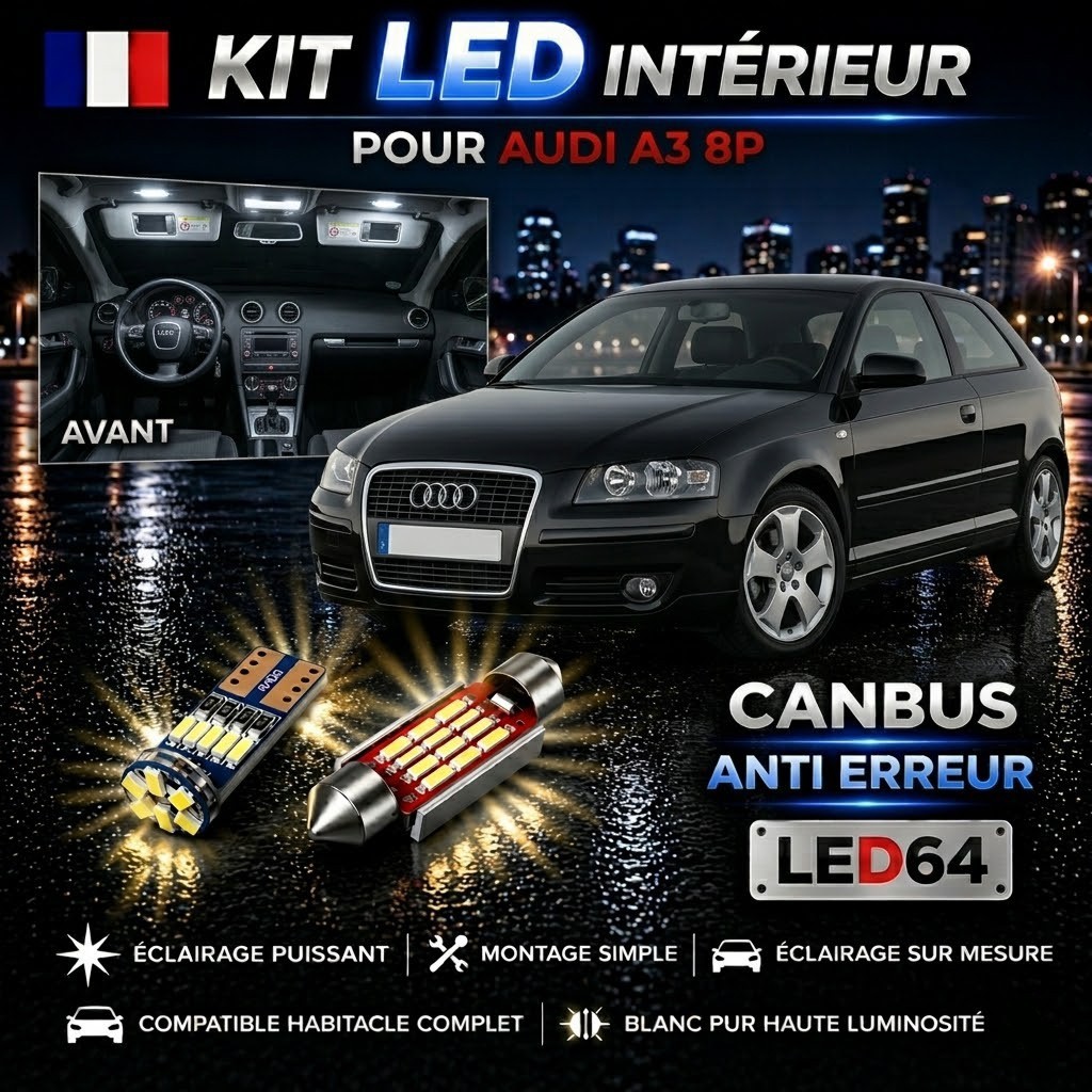 Éclairage intérieur LED blanc Audi A3 8P pour remplacer le plafonnier jaune d'origine fatigué