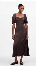 MADEWELL Brown Midi Dress Milkmaid Sweetheart Puff Sleeve Silky Modern Size 10