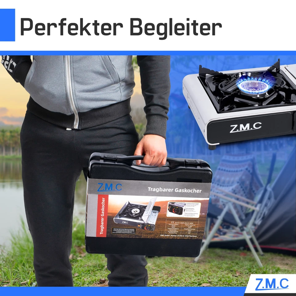 ZMC Edelstahl Campingkocher 1 Flammig Gaskocher, Grillplatte + 8x Gaskartuschen - Bild 2 von 4