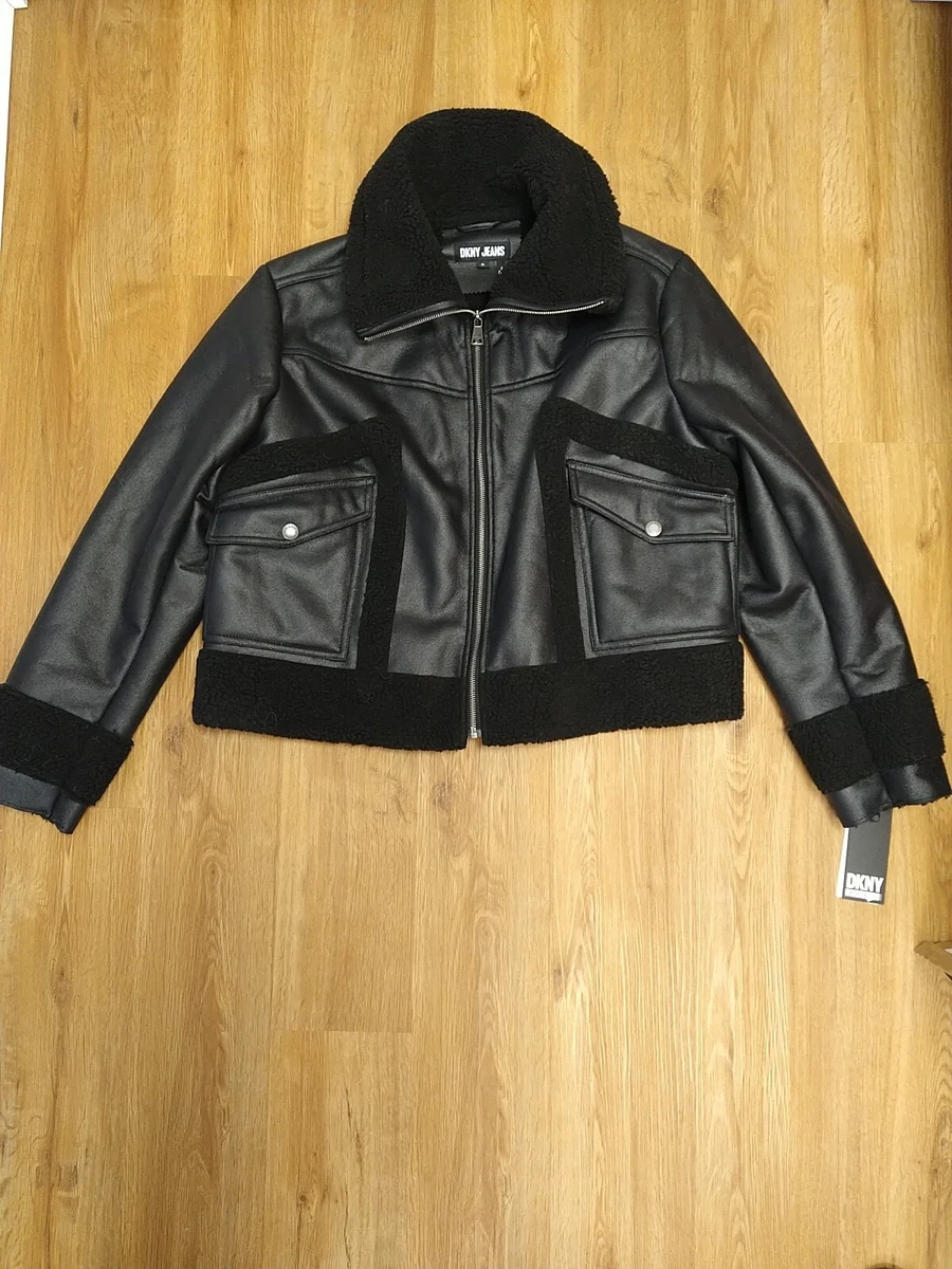 DKNY Black Faux Suede Coat Size XL Crop Waist Length Lined NWT Womens