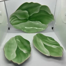 Vintage Green Leaf 3 Piece Arita Fukagawa Sushi  Serving Plates