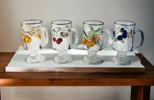 Royal Worcester Evesham Footed Iris Mugs Fruit Motif  Set of 4, Gold Rim 5 3/4”