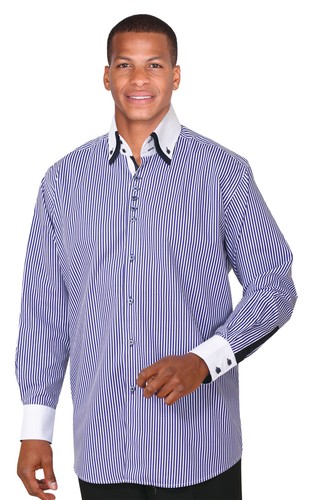 CAMISA DE MODA HOMBRE 60% ALGODÓN 40% POLIETILENO RAYAS DOS TONOS PUÑO FRANCÉS AH 606 - Imagen 5 de 10