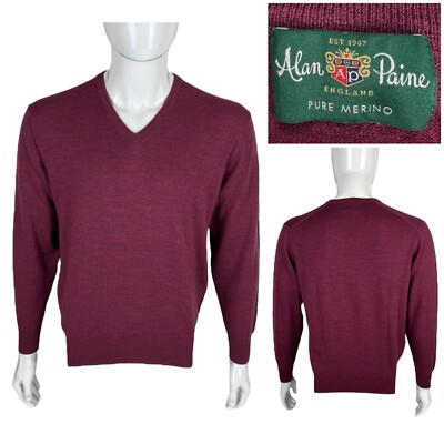 Alan Paine Mens 44 - Large Sweater Purple Pure Merino Wool V Neck Pullover EUC
