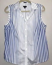 Talbots 14 Sleeveless Button Down Shirt Crisp White Blue Collar Wrinkle Resist
