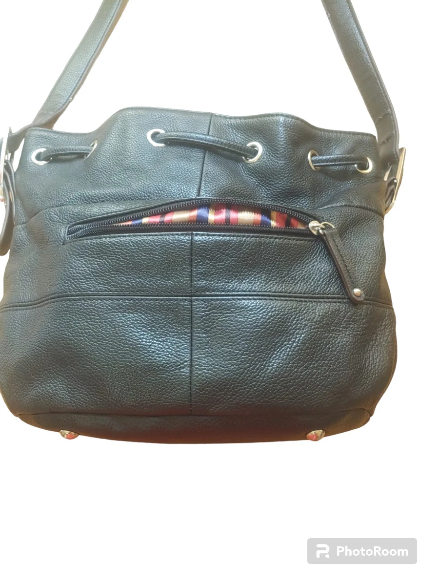 Tignanello Purse Black Leather Bucket Bag Shoulder Strap Pockets Striped Lined