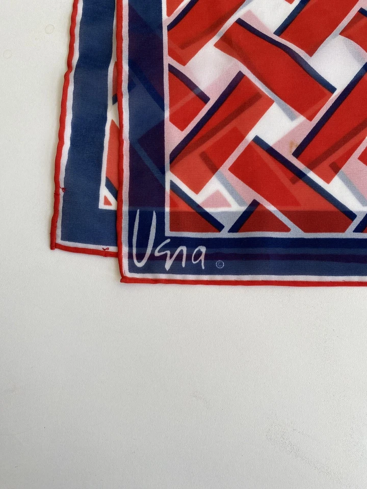 "Bufanda vintage Vera geométrica roja/azul 43"" X 15"" de gasa" Foto 3 de 4