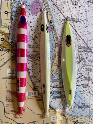 Go Fishing now Three 150-gram slow pitch jigs with glow.