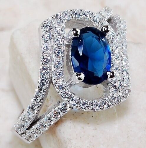 1CT Treated Blue Sapphire & White Topaz 925 Sterling Silver Ring Sz 8 I2-3 - Picture 2 of 3