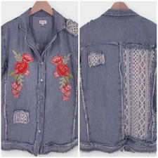 POL Denim Striped Floral Mixed Media Top Shacket Women's M Crochet Embroidered