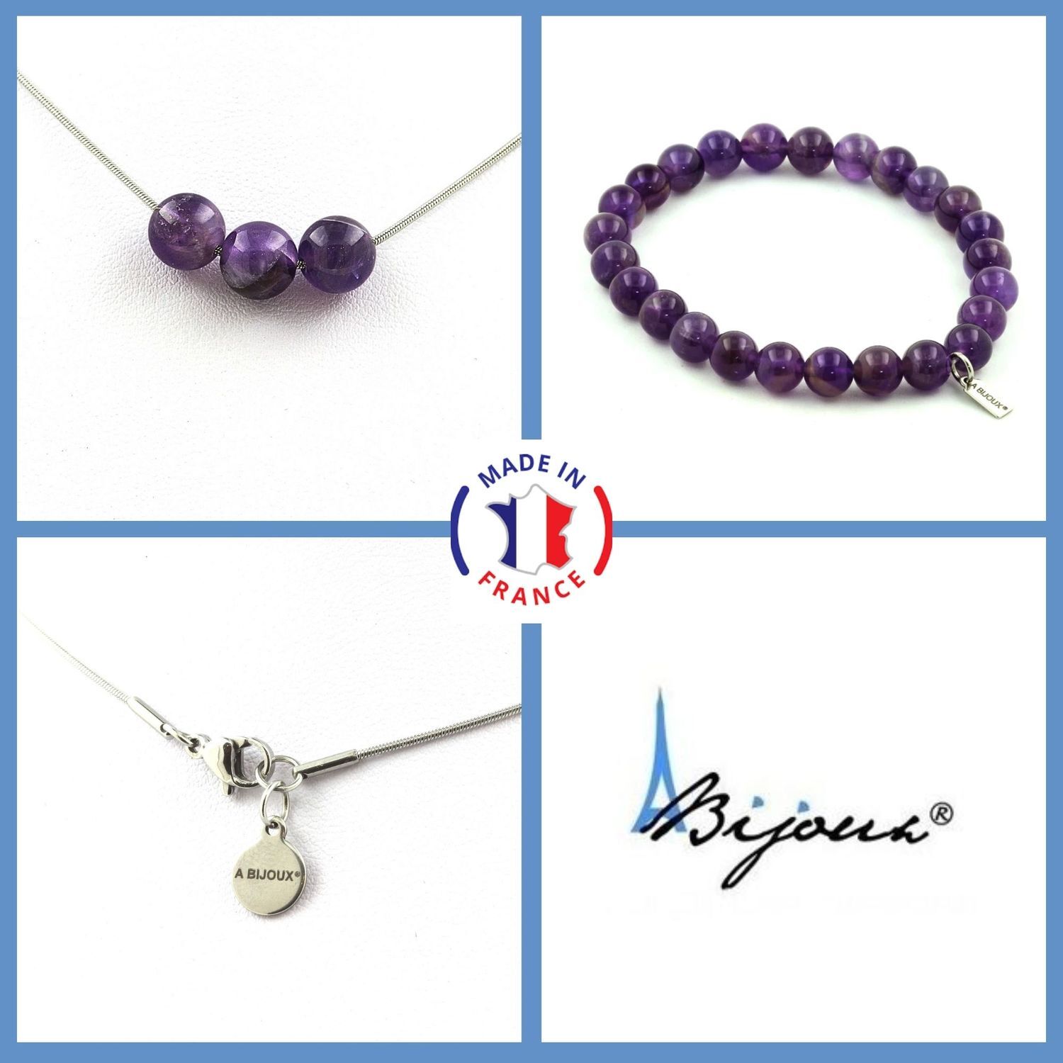 Parure collier et bracelet Améthyste violette 8 mm avec chaîne ajustable en taille personnalisée