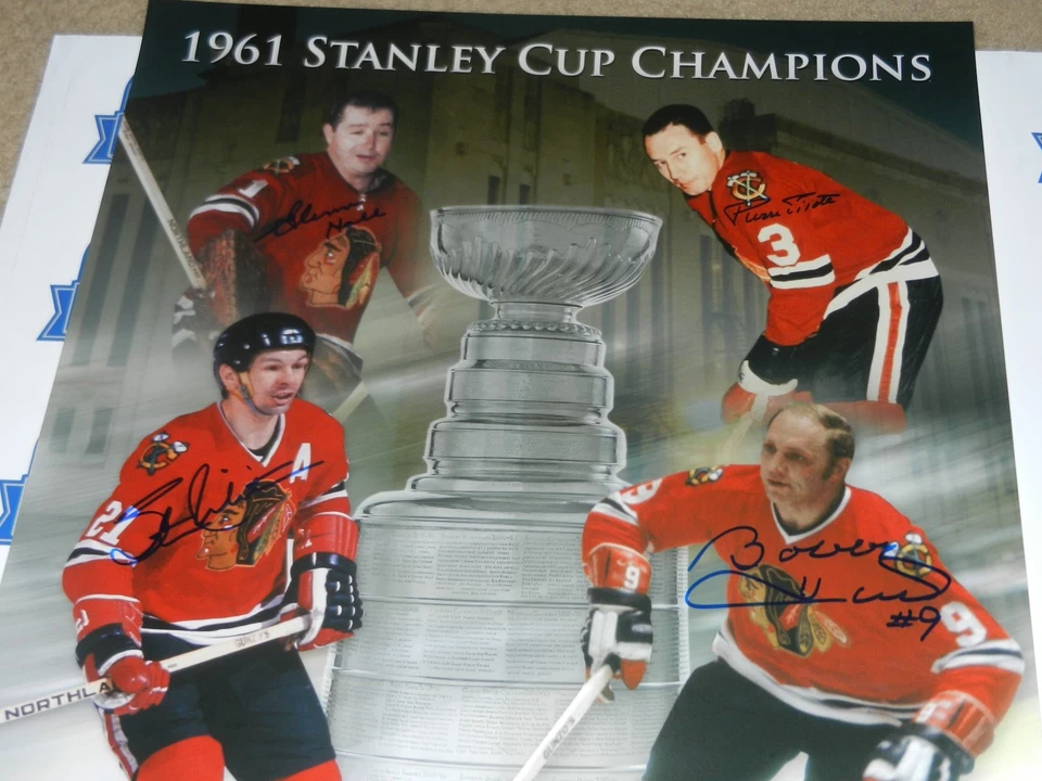 Stan Mikita Hull Hall Pilote 61 Champs Collage Firmado Autografiado 16x20 Foto Foto 2 de 2