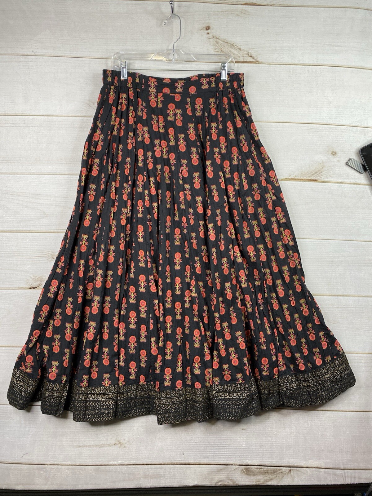 Vintage Maxi Skirt Women L Full Black Floral Boho Cottagecore Prairie Broomskirt-image