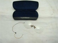 Pair Antique Pince Nez Pinch Nose Spectacles No Frame Glasses w/Chain Bifocal