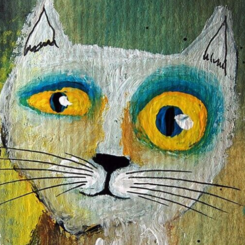 ACEO ORIGINAL ACRYLIC artistic EXPRESSIVE HAPPY CAT portrait MINIATURE NAIVE ART - Foto 2 di 3