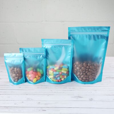 Blue Plastic Storage Bags Food Safe Zipper Seal Pouches Stand Up with Window