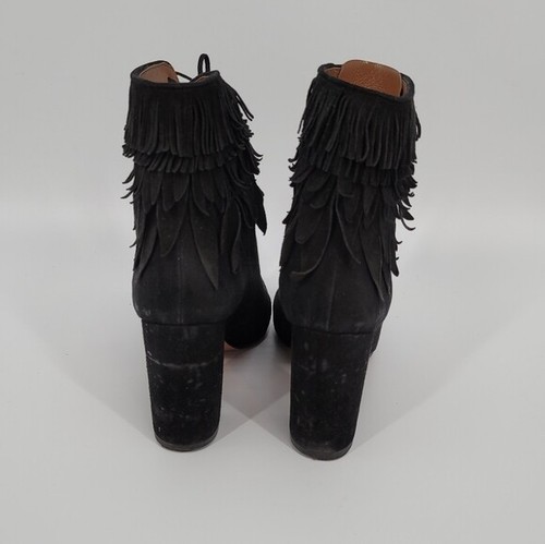 Aquazzura Woodstock Black Suede Fringe Ankle Booties Size 39 Block Heel - Picture 4 of 11