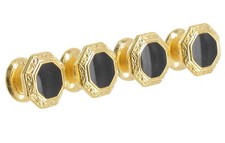 Set 4 Shirt Studs Octagon Etched Black Gold Tone Push Through Buttons Mens 9.5mm