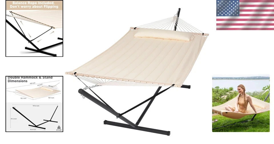 Hamaca Exterior Premium con Soporte Portátil y Almohada Grande - Capacidad 475 lb Foto 2 de 4