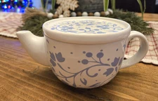Avon Teapot Shape Mug Cup with Lid Coaster White and Blue Warm and Cozy 8 oz.