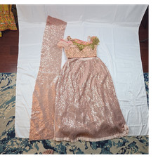 Handmade Pink Gold Sequin Silk Net Choli Lehenga Set for Women