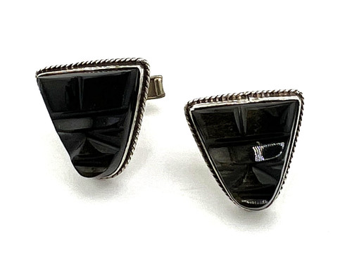 Vintage Taxco carved mask cufflinks 925 Sterling silver Golden Sheen Obsidian